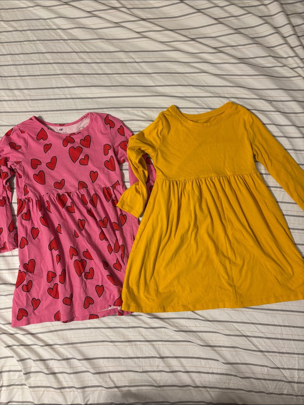 2 Dresses - H&M Pink Heart Print & Old Navy Yellow Long Sleeve Dress